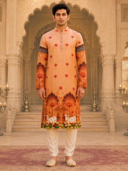 Men's Peach Pichwai Printed Cotton Kurta