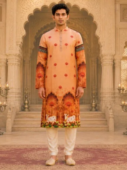 Men's Peach Pichwai Printed Cotton Kurta - Patwa & Company