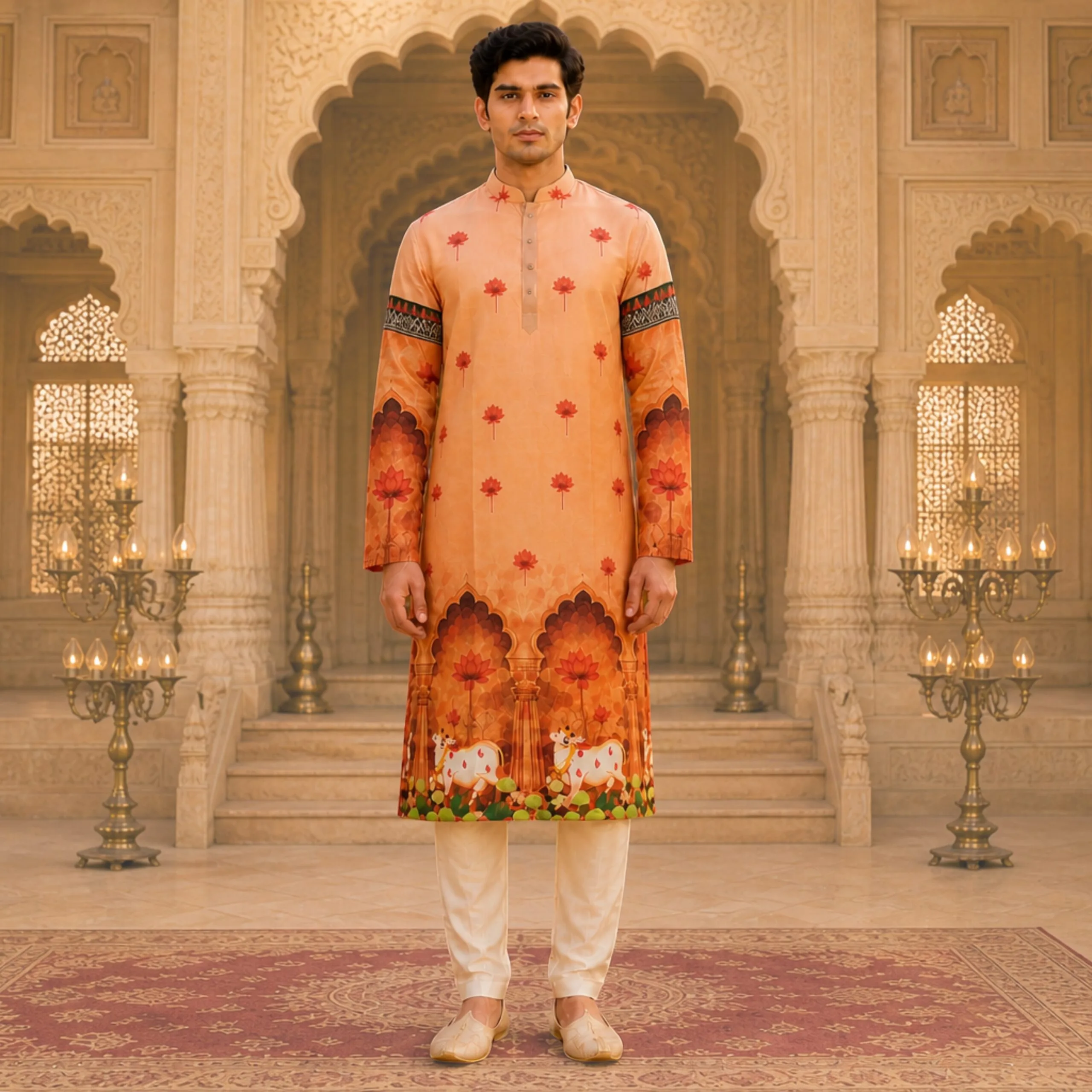 Orange Men's Peach Pichwai Printed Cotton Kurta - Patwa & Company