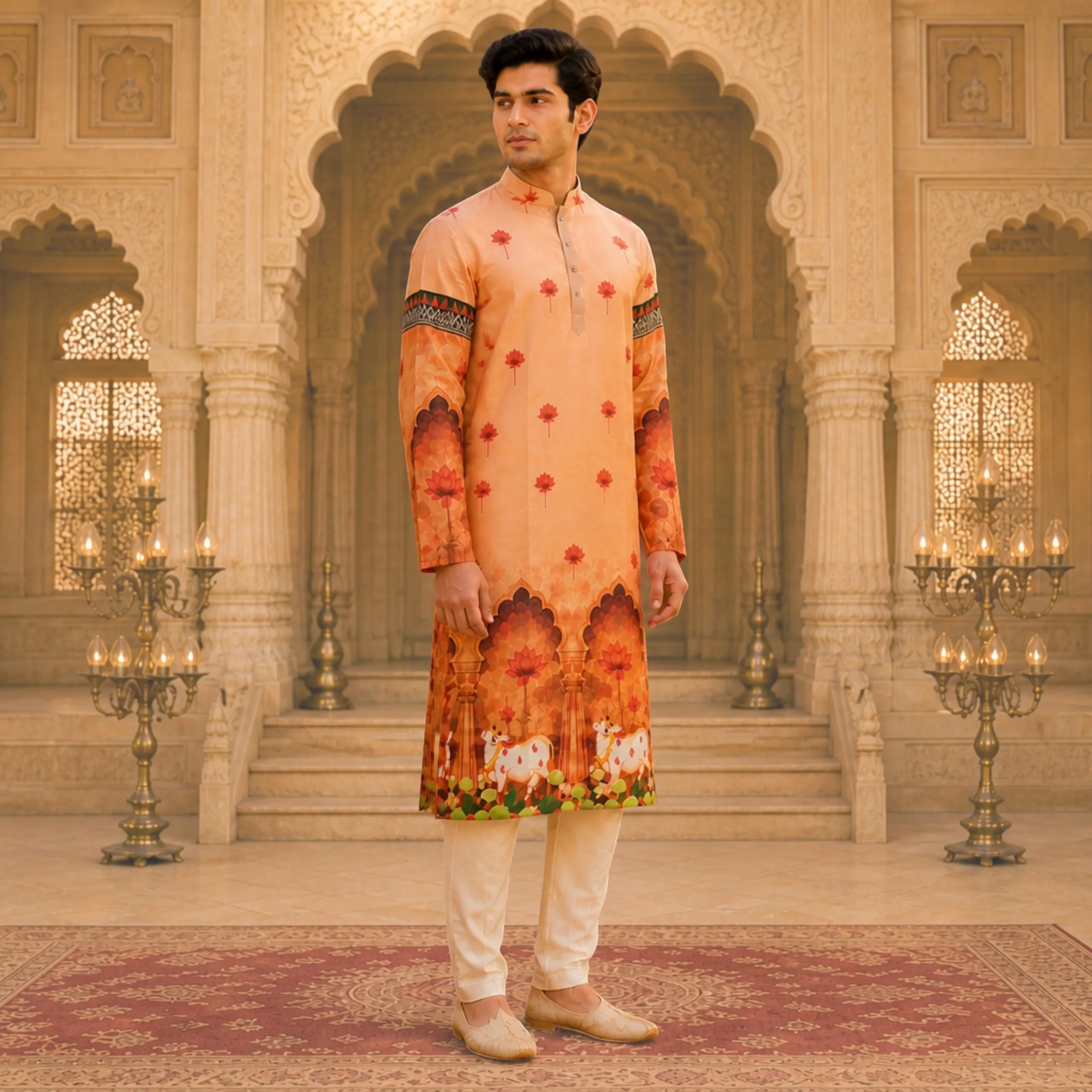 Men's Peach Pichwai Printed Cotton Kurta - view 2