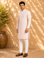Men's Peach Chikankari Embroidered Kurta Pyjama Set - view 2