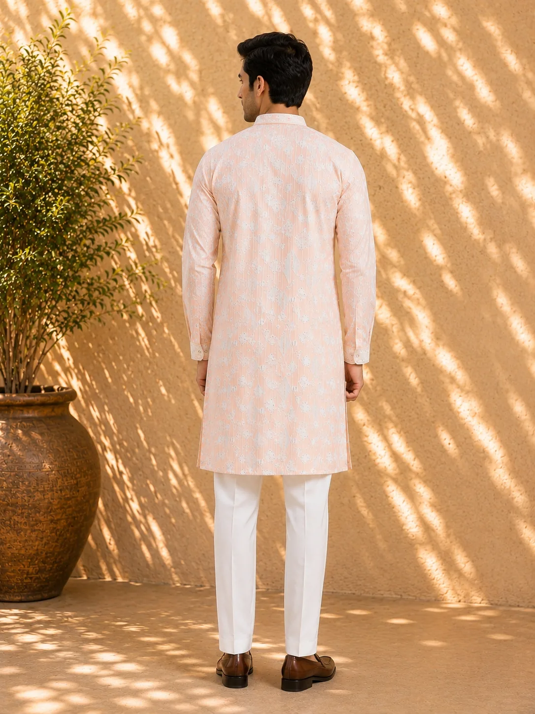 Men's Peach Chikankari Embroidered Kurta Pyjama Set - view 3