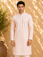 Men's Peach Chikankari Embroidered Kurta Pyjama Set - view 4