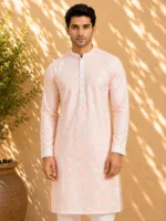 Men's Peach Chikankari Embroidered Kurta Pyjama Set - view 4