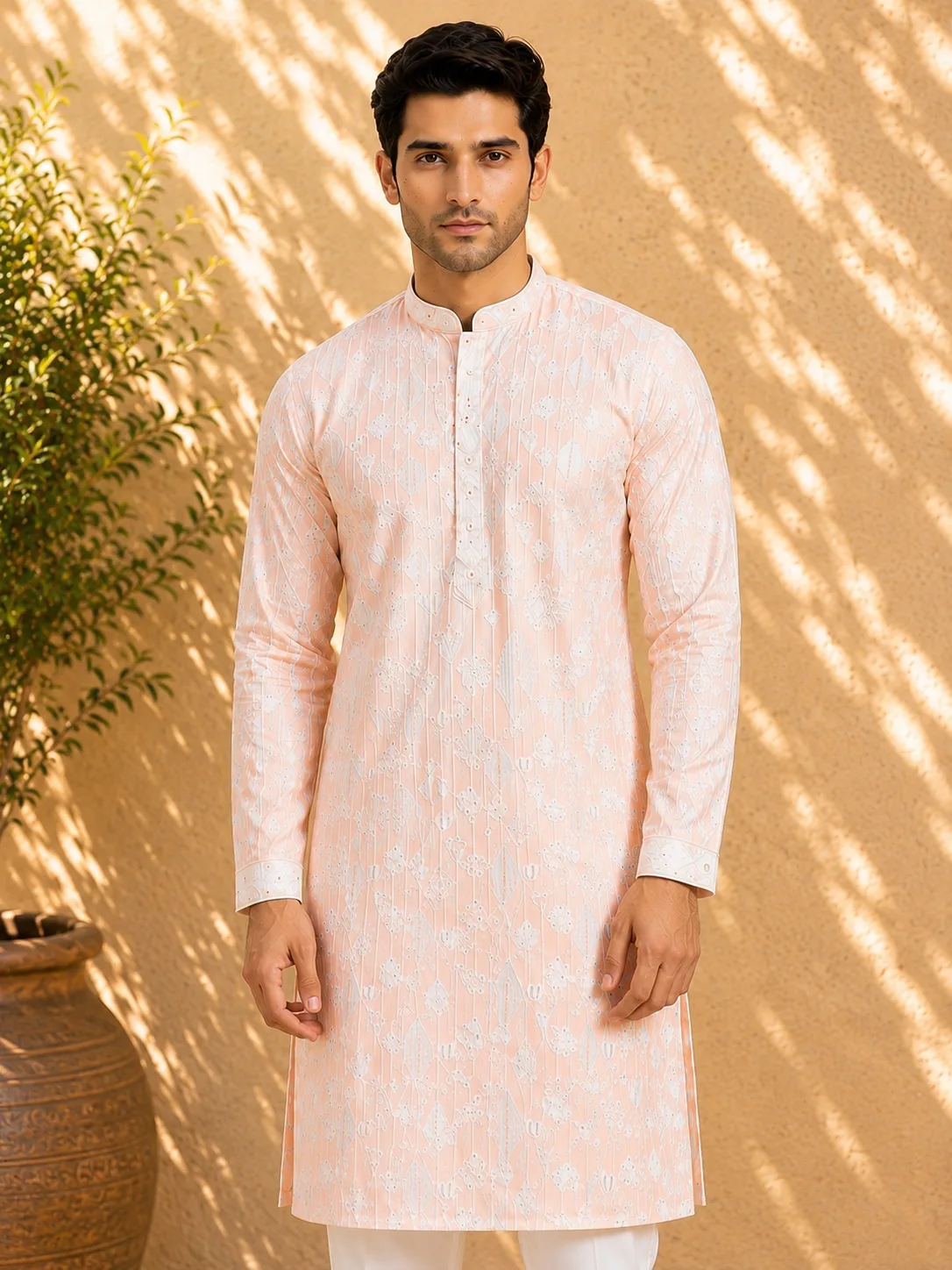 Men's Peach Chikankari Embroidered Kurta Pyjama Set - view 4