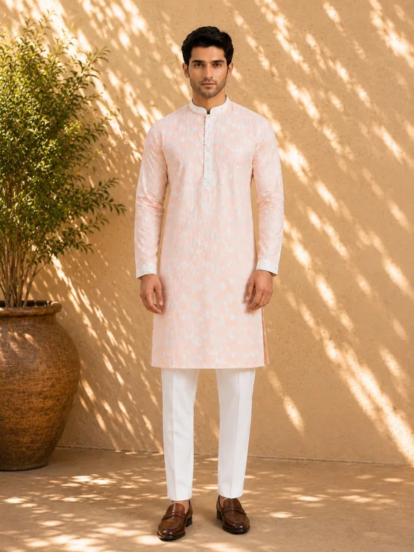 Men's Peach Chikankari Embroidered Kurta Pyjama Set - Patwa & Company