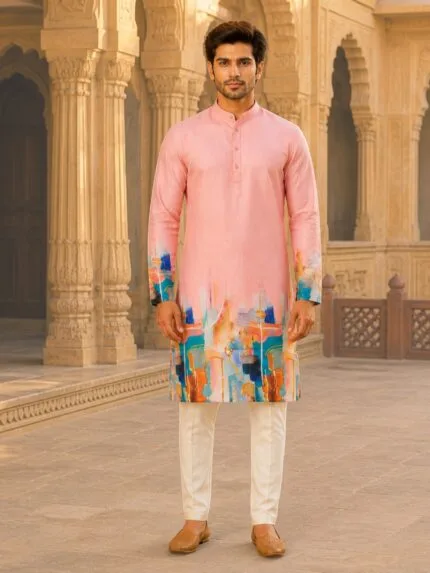 Men's Pink Abstract Art Print Cotton Kurta - Patwa & Company