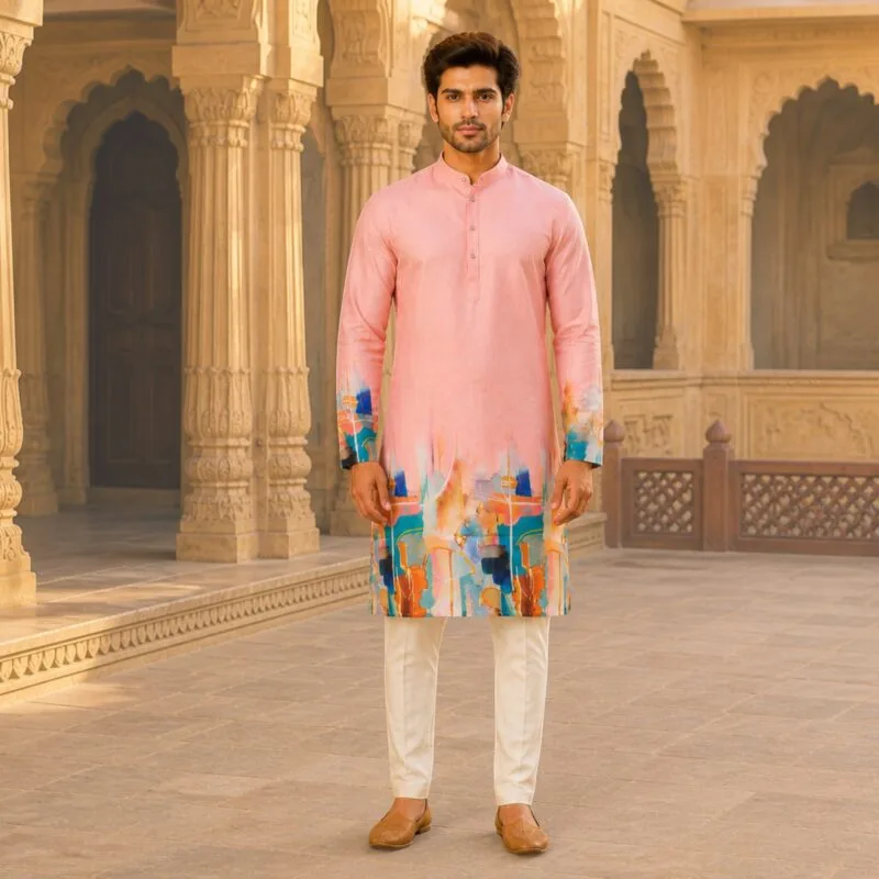 Men's Pink Abstract Art Print Cotton Kurta - Patwa & Company