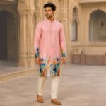 Men's Pink Abstract Art Print Cotton Kurta - view 2