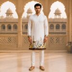 Men's White Botanical Floral Print Cotton Kurta