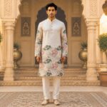 Men's Ivory Tropical Leaf Floral Print Cotton Kurta