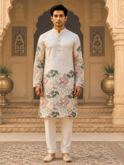 Men's Ivory Tropical Leaf Floral Print Cotton Kurta - Patwa & Company
