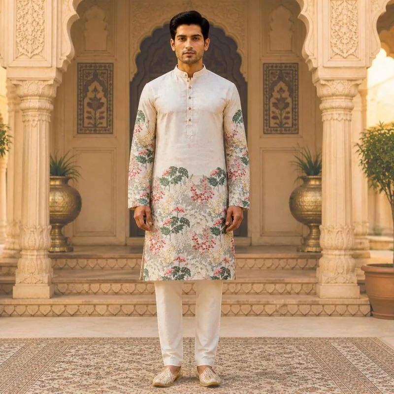 Men's Ivory Tropical Leaf Floral Print Cotton Kurta - Patwa & Company