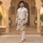 Men's Ivory Tropical Leaf Floral Print Cotton Kurta - view 2