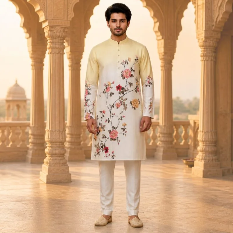 Men's Yellow Ivory Ombre Floral Print Cotton Kurta - Patwa & Company