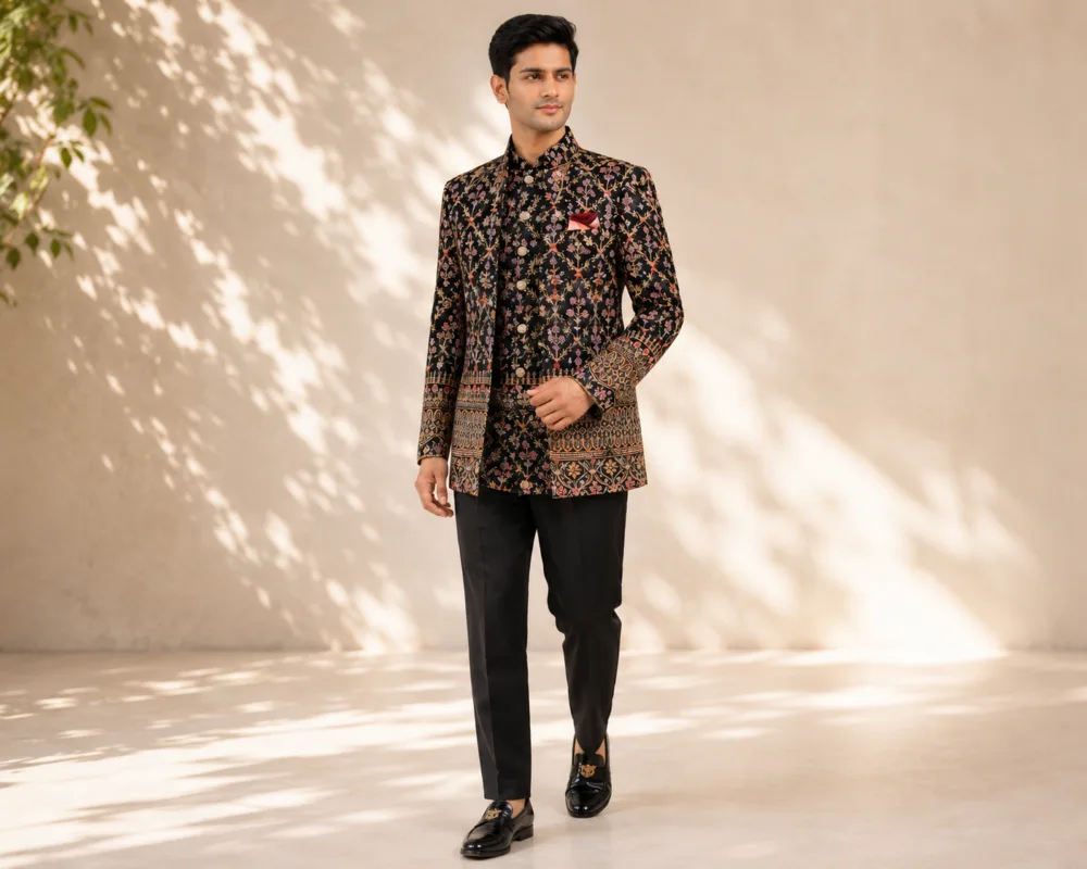 Men's Black Floral Open Jodhpuri Bandhgala Suit - Patwa & Company