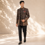 Men's Black Floral Open Jodhpuri Bandhgala Suit