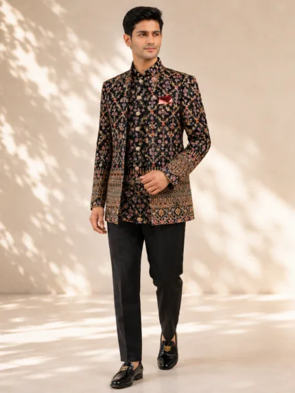 Men's Black Floral Open Jodhpuri Bandhgala Suit - Patwa & Company