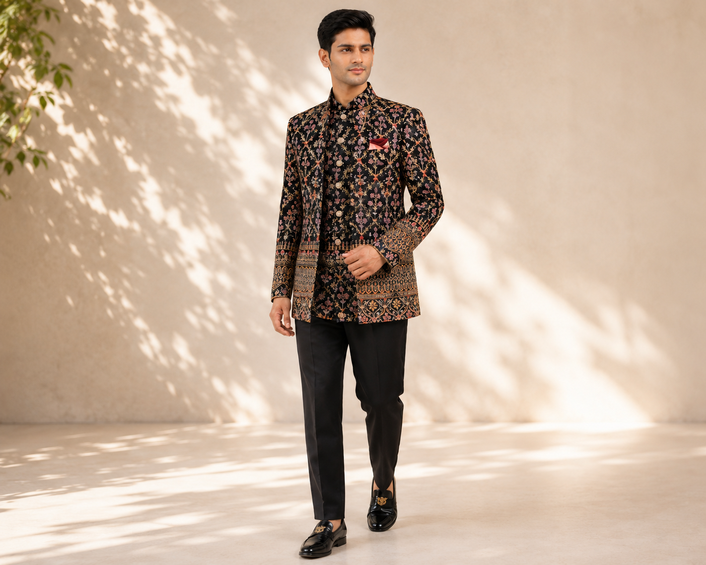 black_open_jodhpuri_work_front Men's Black Floral Open Jodhpuri Bandhgala Suit - Image 1