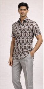 Men's Cream Damask Print Half Sleeve Shirt - view 2