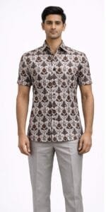 Men's Cream Damask Print Half Sleeve Shirt - Patwa & Company