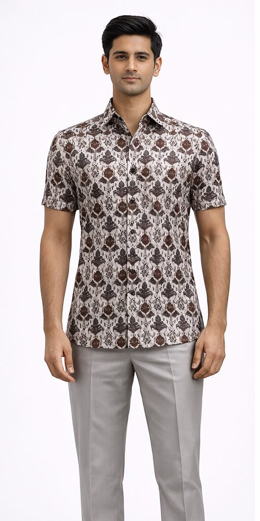 Cream Damask Shirt Front Men's Cream Damask Print Half Sleeve Shirt - Image 1