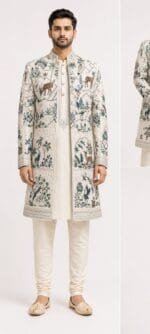 Men's Ivory Mughal Wildlife Indo-Western Sherwani Set - Patwa & Company