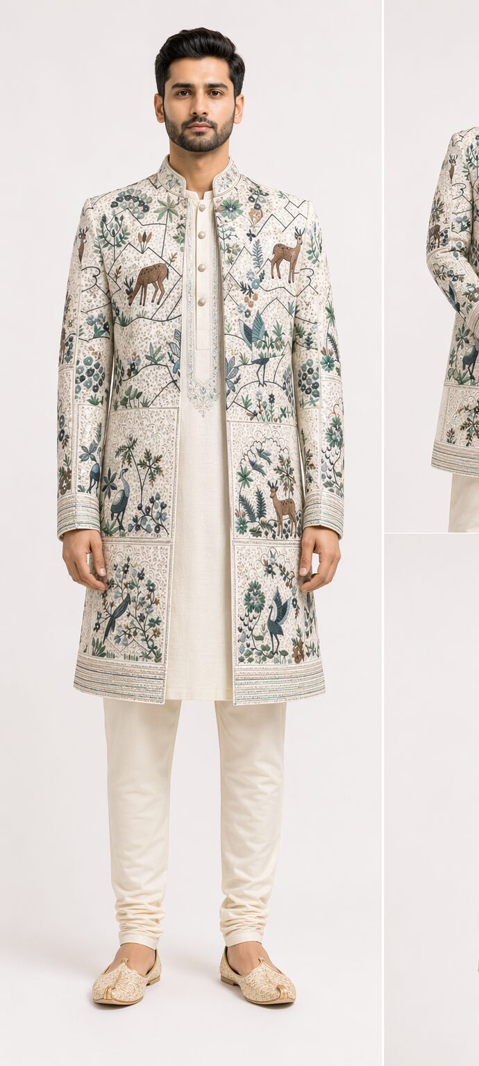 Ivory Wildlife Sherwani Front Men's Ivory Mughal Wildlife Indo-Western Sherwani Set - Image 1