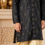 Boys Black Gold Buta Kurta Dhoti Set