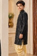 Boys Black Gold Buta Kurta Dhoti Set - view 2