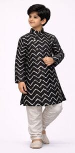 Boys Black Chevron Print Sherwani Churidar Set - view 2