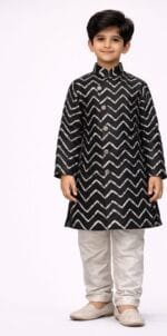 Boys Black Chevron Print Sherwani Churidar Set - Patwa & Company