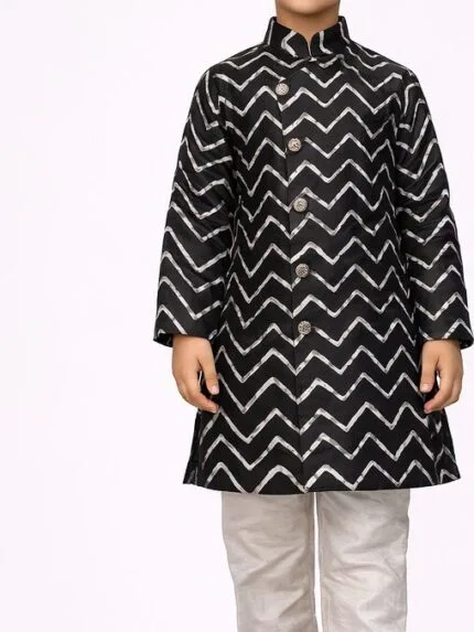 Boys Black Chevron Print Sherwani Churidar Set - Patwa & Company