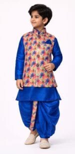 Boys Royal Blue Floral Jacket Dhoti Set - view 2