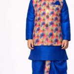 Boys Royal Blue Floral Jacket Dhoti Set