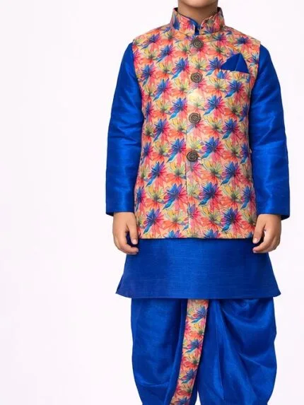 Boys Royal Blue Floral Jacket Dhoti Set - Patwa & Company
