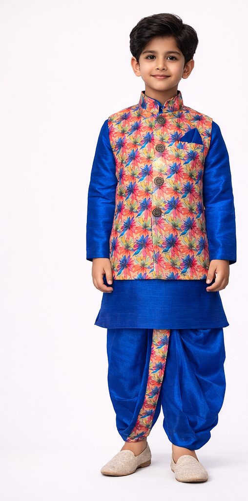 Kids Blue Floral Jacket Dhoti Front Boys Royal Blue Floral Jacket Dhoti Set - Image 1