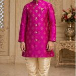 Boys Magenta Gold Brocade Indo-Western Sherwani Set