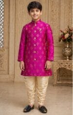 Boys Magenta Gold Brocade Indo-Western Sherwani Set - Patwa & Company