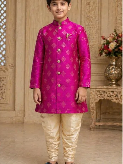 Boys Magenta Gold Brocade Indo-Western Sherwani Set - Patwa & Company