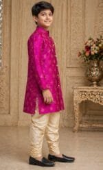 Boys Magenta Gold Brocade Indo-Western Sherwani Set - view 2