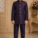 Boys Magenta Gold Brocade Jodhpuri Bandhgala Suit