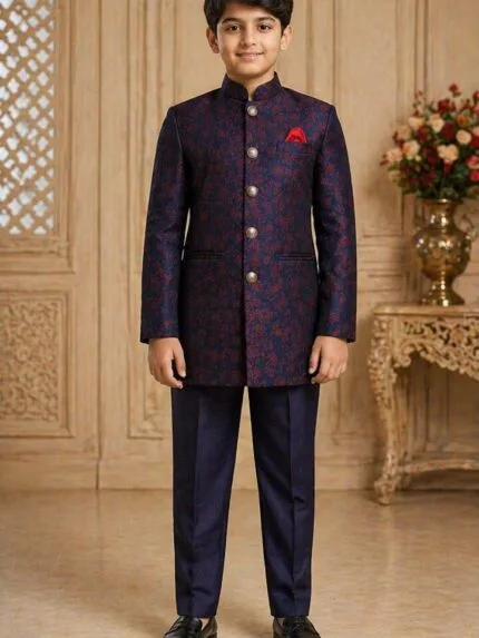 Boys Magenta Gold Brocade Jodhpuri Bandhgala Suit - Patwa & Company