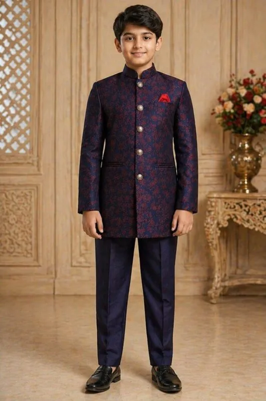 Boys Magenta Gold Brocade Jodhpuri Bandhgala Suit - Patwa & Company