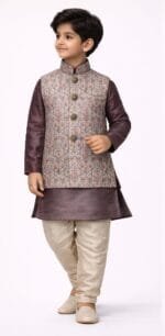 Boys Mauve Damask Jacket Churidar Set - view 2