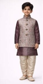 Boys Mauve Damask Jacket Churidar Set - Patwa & Company