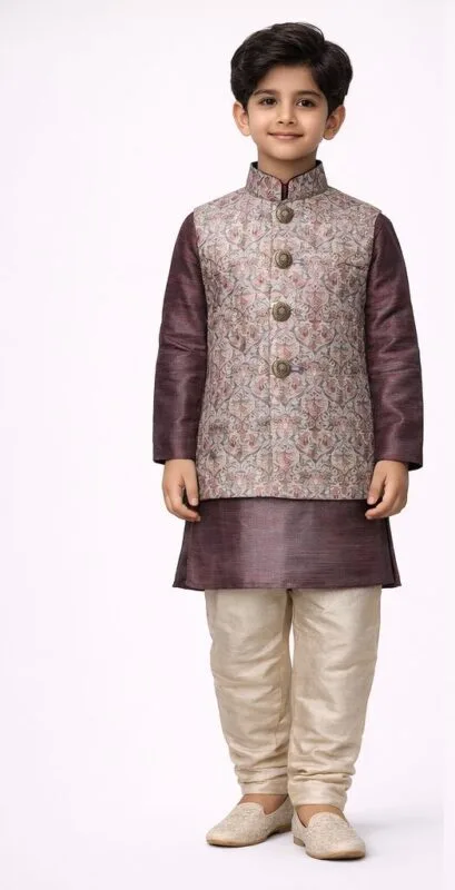 Boys Mauve Damask Jacket Churidar Set - Patwa & Company