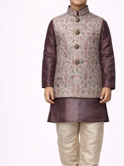 Boys Mauve Damask Jacket Churidar Set - Patwa & Company