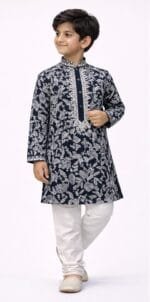 Boys Navy Blue Floral Embroidered Kurta Pyjama Set - view 2
