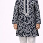 Boys Navy Blue Floral Embroidered Kurta Pyjama Set